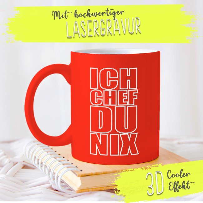Neon Tasse mit Gravur - Ich Chef, du nix  - Orange