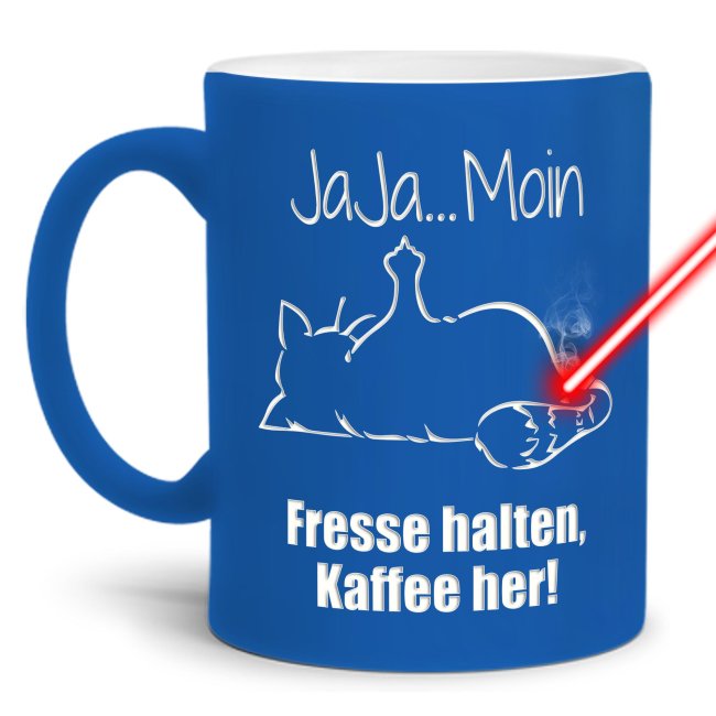 Neon Tasse mit Gravur - Jaja Moin, Fresse halten, Kaffee her!   - Blau