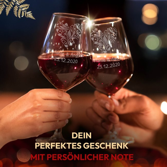 Rotweinglas - Herz Ornament - mit Namen und Datum