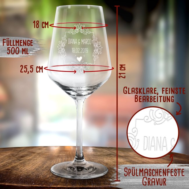 Rotweinglas - Kranz Vintage - mit Namen und Datum