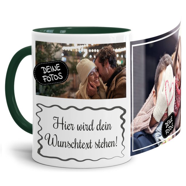 Tasse mit Fotocollage und Wunschtext - 2 Fotos - Innen &amp; Henkel Dunkelgr&uuml;n