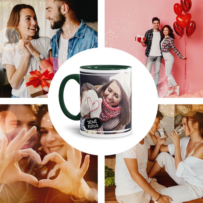 Tasse mit Fotocollage und Wunschtext - 2 Fotos - Innen &amp; Henkel Dunkelgr&uuml;n