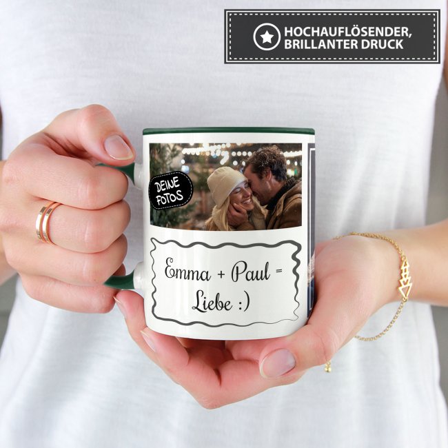Tasse mit Fotocollage und Wunschtext - 2 Fotos - Innen &amp; Henkel Dunkelgr&uuml;n
