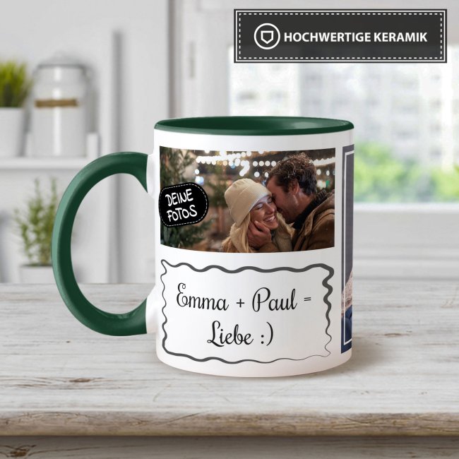 Tasse mit Fotocollage und Wunschtext - 2 Fotos - Innen &amp; Henkel Dunkelgr&uuml;n