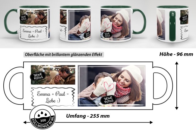 Tasse mit Fotocollage und Wunschtext - 2 Fotos - Innen &amp; Henkel Dunkelgr&uuml;n
