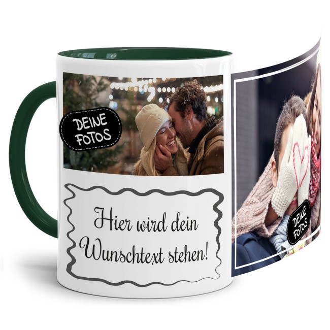 Tasse mit Fotocollage und Wunschtext - 2 Fotos - Innen &amp; Henkel Dunkelgr&uuml;n