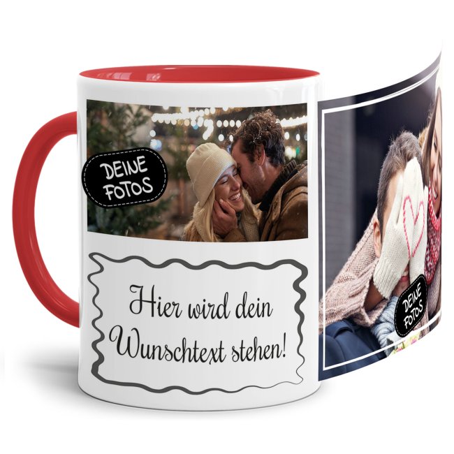 Tasse mit Fotocollage und Wunschtext - 2 Fotos - Innen &amp; Henkel Rot