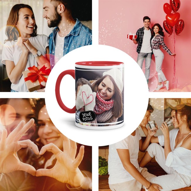 Tasse mit Fotocollage und Wunschtext - 2 Fotos - Innen &amp; Henkel Rot