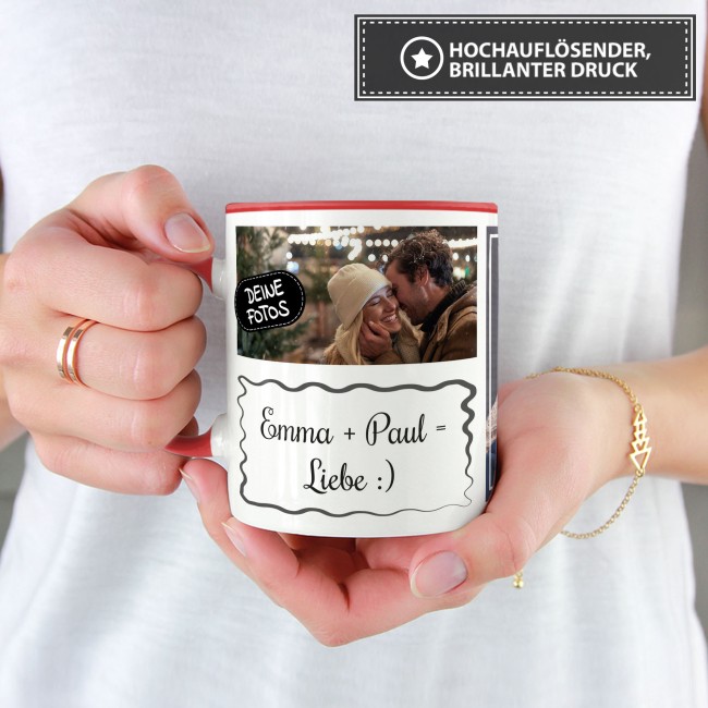Tasse mit Fotocollage und Wunschtext - 2 Fotos - Innen &amp; Henkel Rot