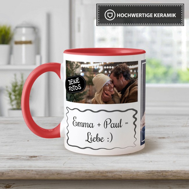 Tasse mit Fotocollage und Wunschtext - 2 Fotos - Innen &amp; Henkel Rot