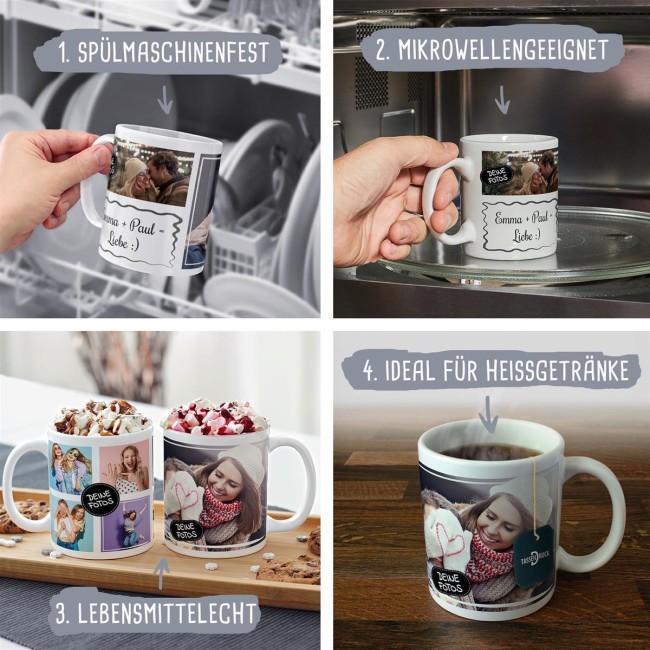 Tasse mit Fotocollage und Wunschtext - 2 Fotos - Innen &amp; Henkel Rot