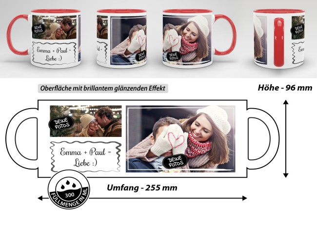 Tasse mit Fotocollage und Wunschtext - 2 Fotos - Innen &amp; Henkel Rot
