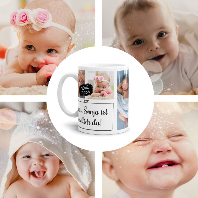 Tasse mit Fotocollage und Wunschtext - 4 Fotos - Wei&szlig;