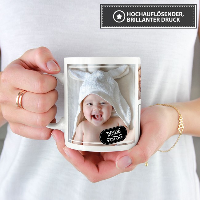 Tasse mit Fotocollage und Wunschtext - 4 Fotos - Wei&szlig;