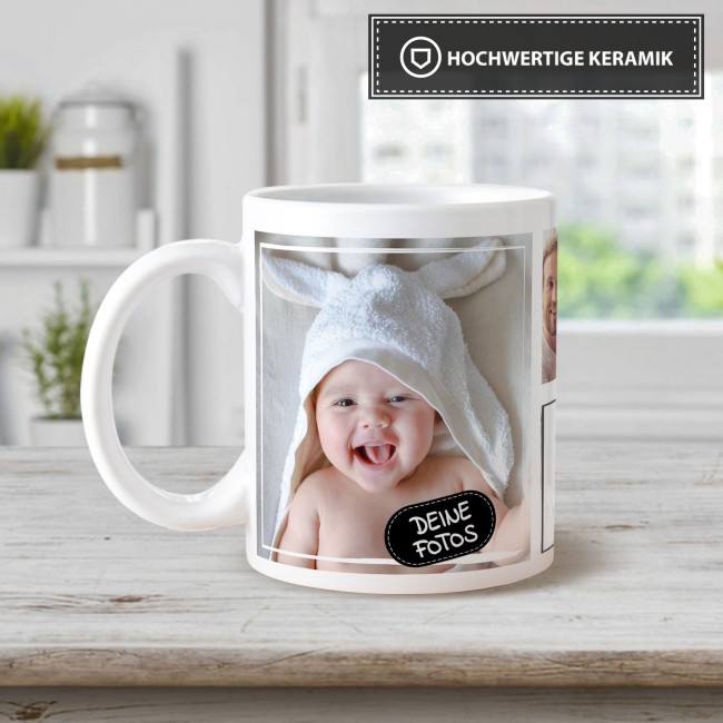Tasse mit Fotocollage und Wunschtext - 4 Fotos - Wei&szlig;