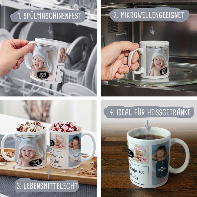 Tasse mit Fotocollage und Wunschtext - 4 Fotos - Wei&szlig;