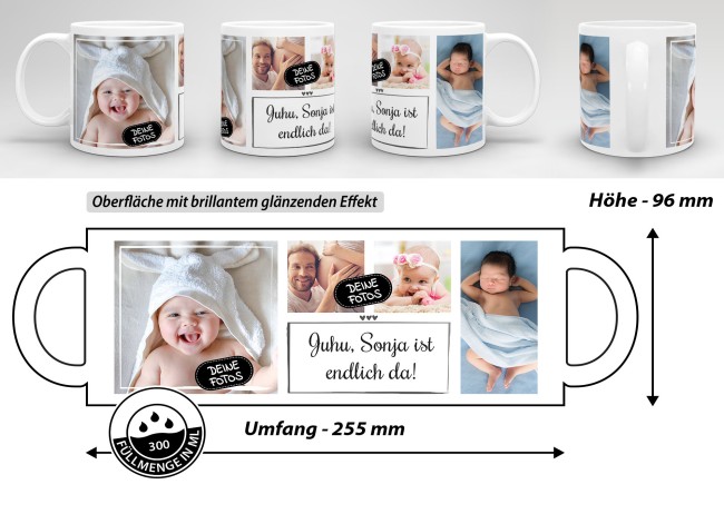 Tasse mit Fotocollage und Wunschtext - 4 Fotos - Wei&szlig;