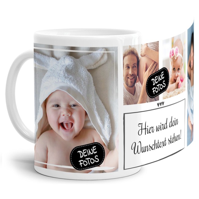 Tasse mit Fotocollage und Wunschtext - 4 Fotos - Wei&szlig;
