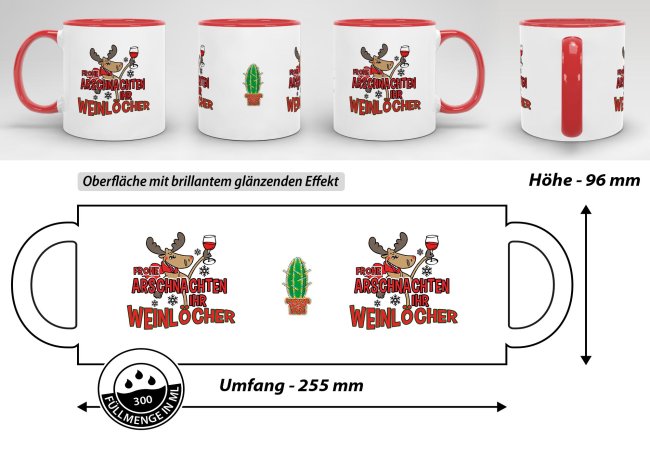 Weihnachtstasse - Fr&ouml;hliche Arschnachten, ihr Weinl&ouml;cher - Innen &amp; Henkel Rot