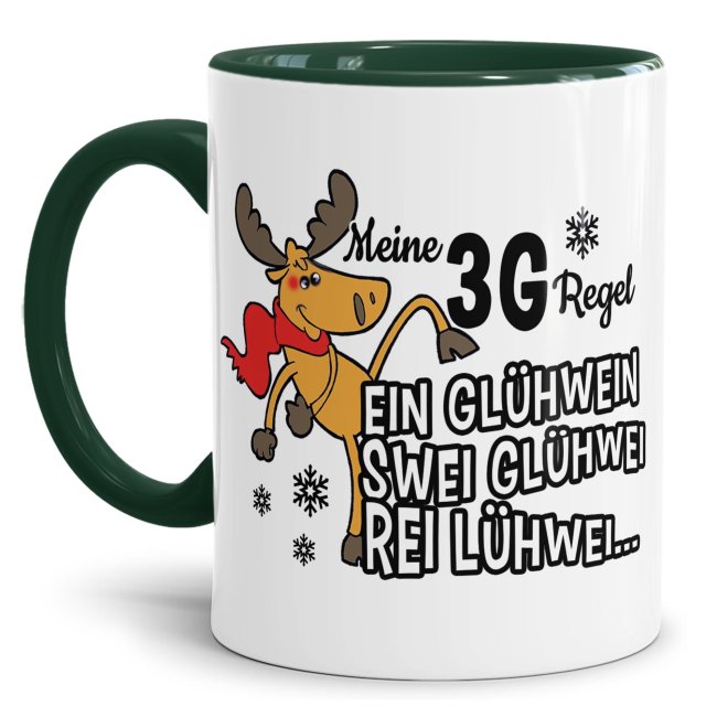 Weihnachtstasse 3G-Regel - Ein Gl&uuml;hwein, Swei Gl&uuml;hwei, Rei L&uuml;hwei - Innen &amp; Henkel Dunkelgr&uuml;n