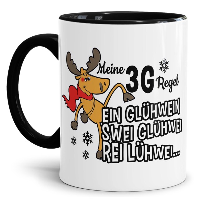 Weihnachtstasse 3G-Regel - Ein Gl&uuml;hwein, Swei Gl&uuml;hwei, Rei L&uuml;hwei - Innen &amp; Henkel Schwarz