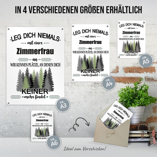 Blechschild - Leg dich niemals - Zimmerfrau - A5