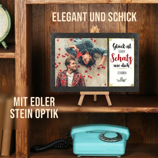 Bedruckte Schieferplatte mit Foto auf Staffelei f&uuml;r den Schatz