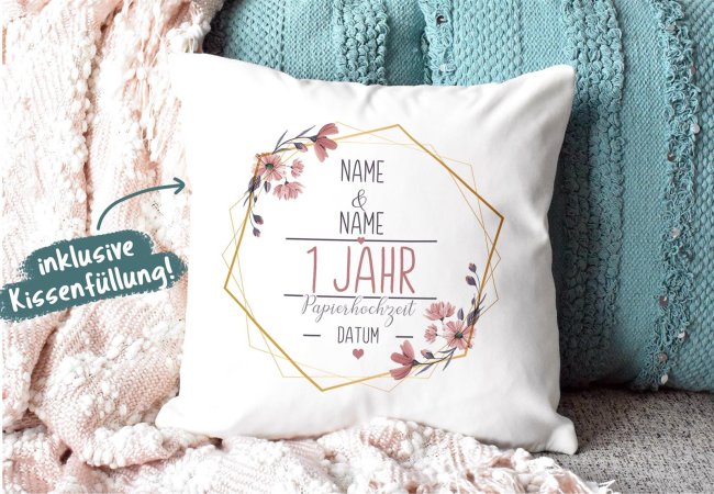 Hochzeitstag Kissen - Papierhochzeit - mit Name &amp; Datum - Kissen Polyester Wei&szlig;