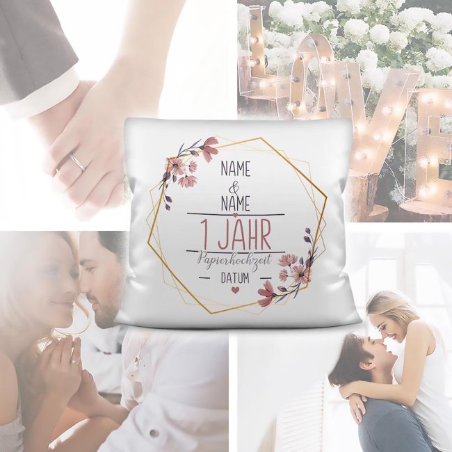 Hochzeitstag Kissen - Papierhochzeit - mit Name &amp; Datum - Kissen Polyester Wei&szlig;