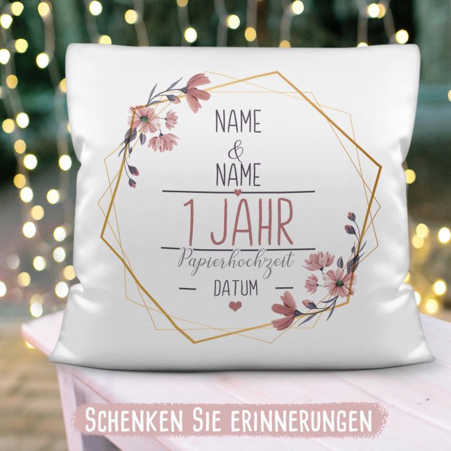 Hochzeitstag Kissen - Papierhochzeit - mit Name &amp; Datum - Kissen Polyester Wei&szlig;