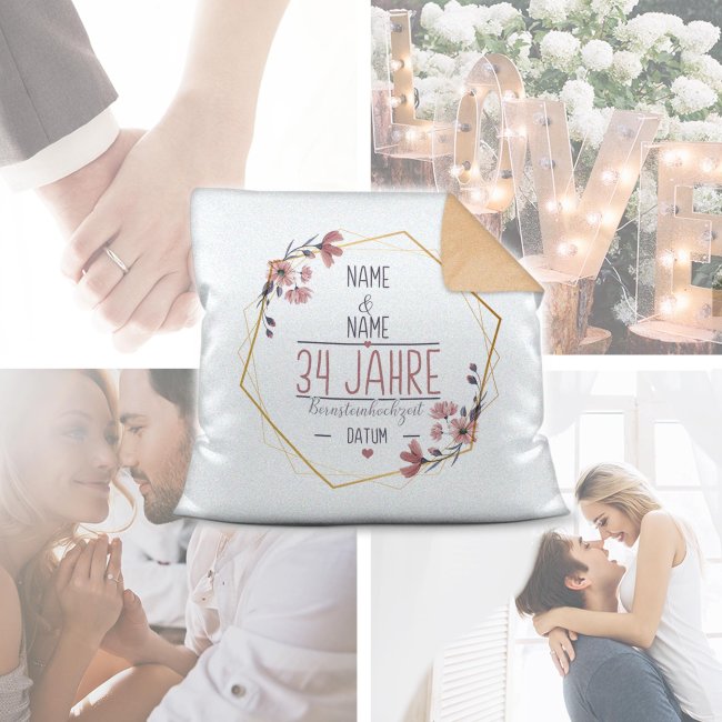Hochzeitstag Kissen - Bernsteinhochzeit - mit Name &amp; Datum - R&uuml;ckseite Mokka