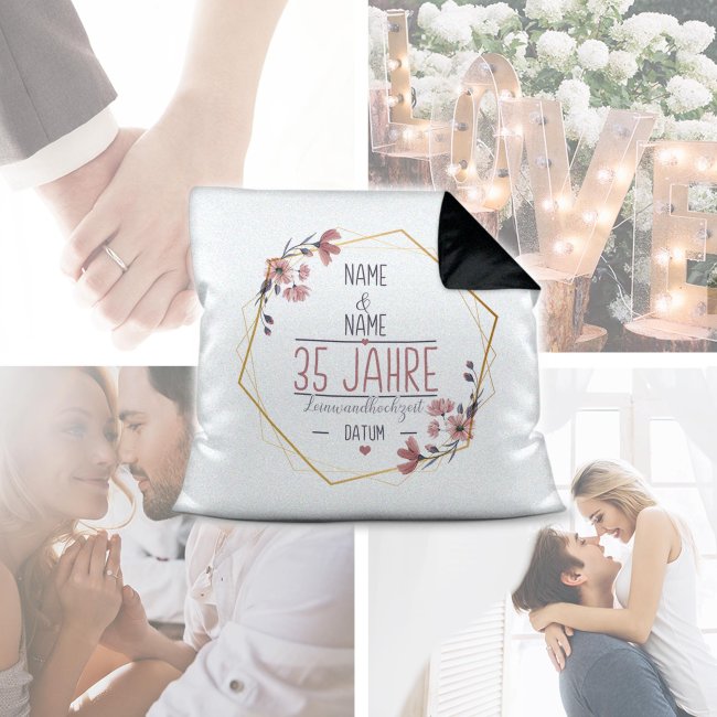 Hochzeitstag Kissen - Leinwandhochzeit - mit Name &amp; Datum - R&uuml;ckseite Schwarz