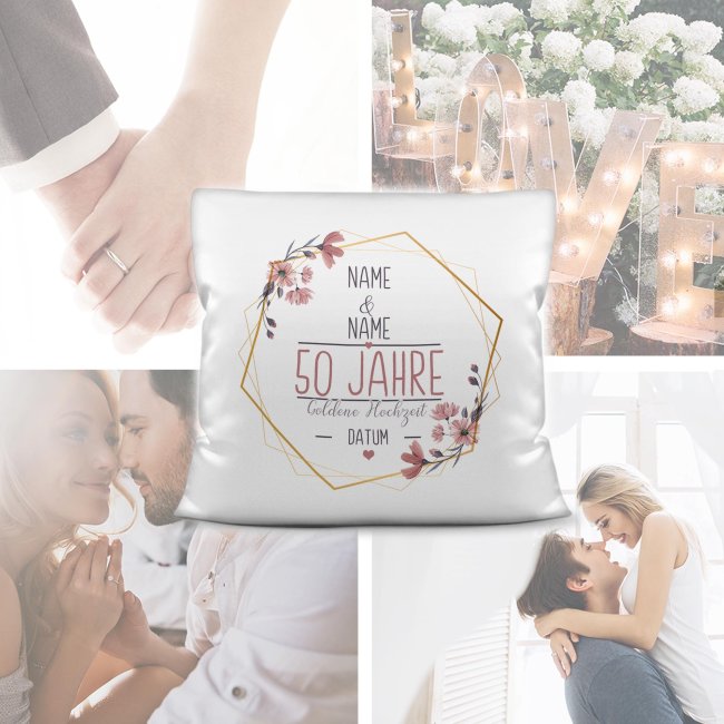 Hochzeitstag Kissen - Goldene hochzeit - mit Name &amp; Datum - Kissen Polyester Wei&szlig;