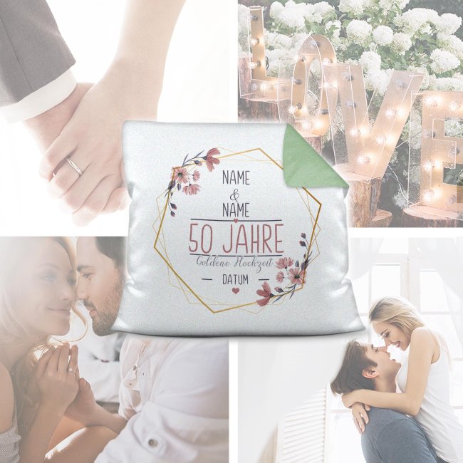Hochzeitstag Kissen - Goldene hochzeit - mit Name &amp; Datum - R&uuml;ckseite Gr&uuml;n