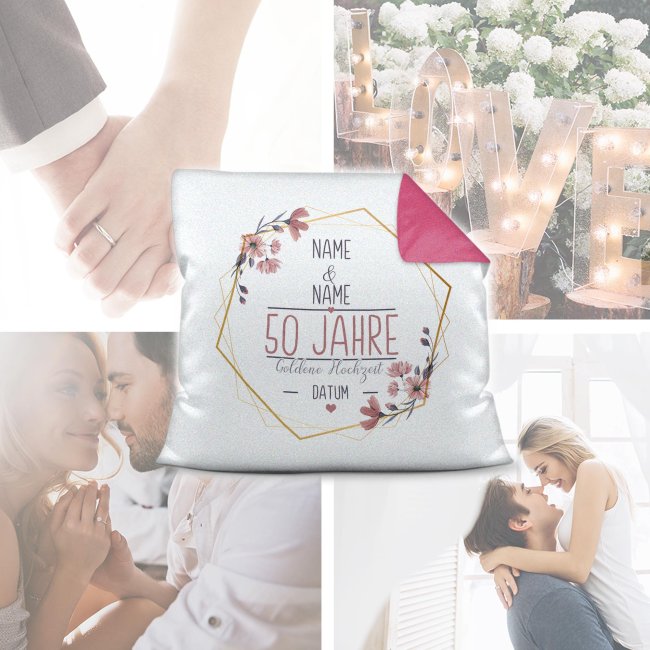 Hochzeitstag Kissen - Goldene hochzeit - mit Name &amp; Datum - R&uuml;ckseite Pink