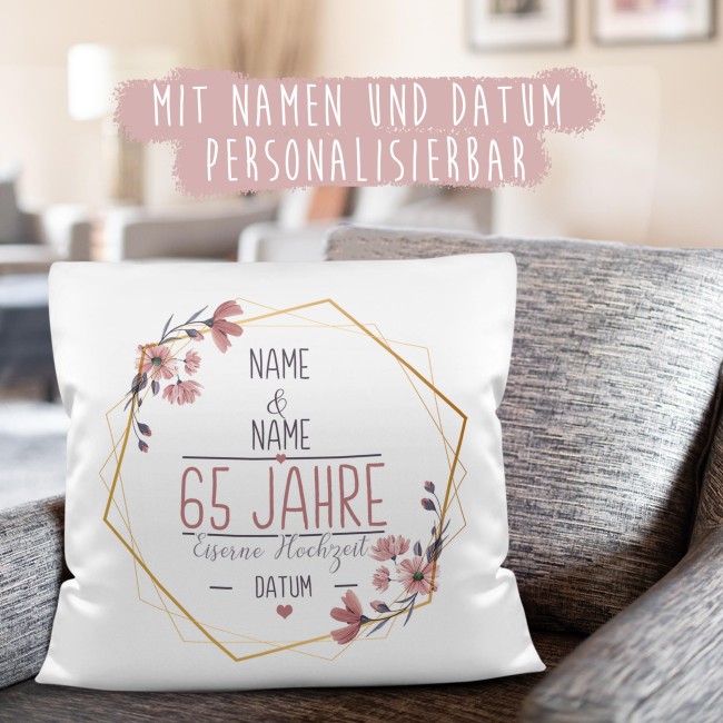 Hochzeitstag Kissen - Eiserne hochzeit - mit Name &amp; Datum - Kissen Wei&szlig; flauschig