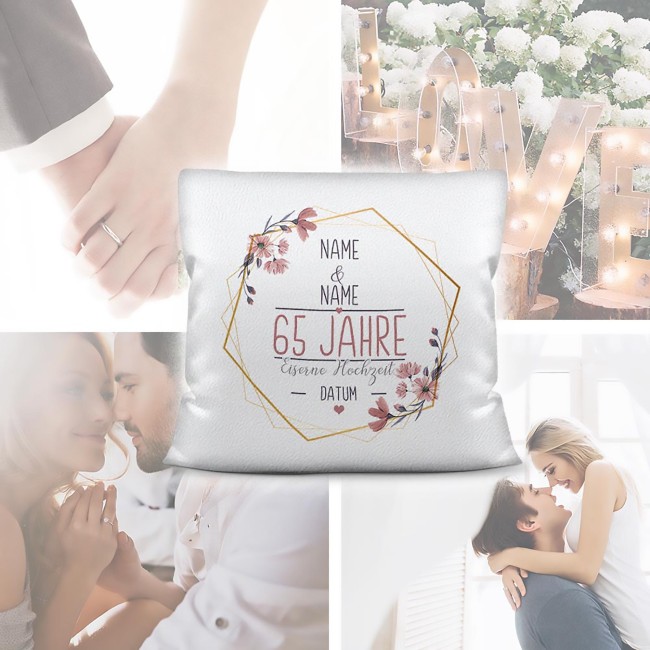 Hochzeitstag Kissen - Eiserne hochzeit - mit Name &amp; Datum - Kissen Wei&szlig; flauschig