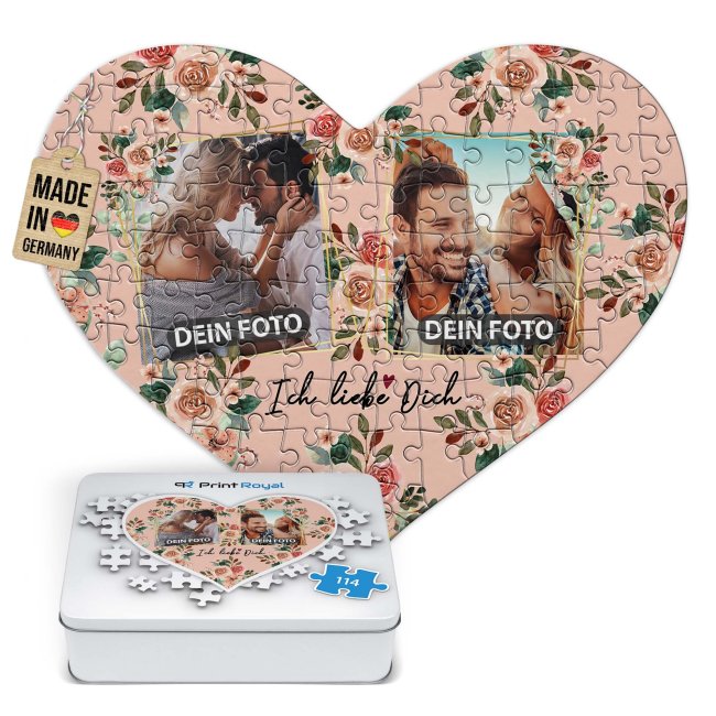 Herz Puzzle mit zwei Fotos - Ich liebe dich - 114 Teile in der Metalldose