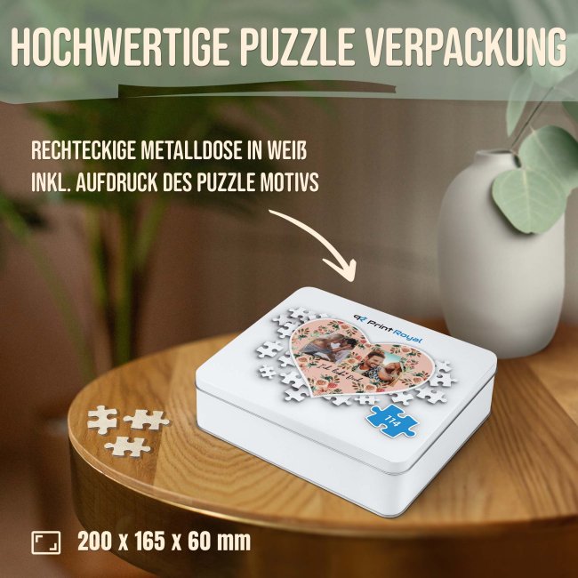 Herz Puzzle mit zwei Fotos - Ich liebe dich - 114 Teile in der Metalldose
