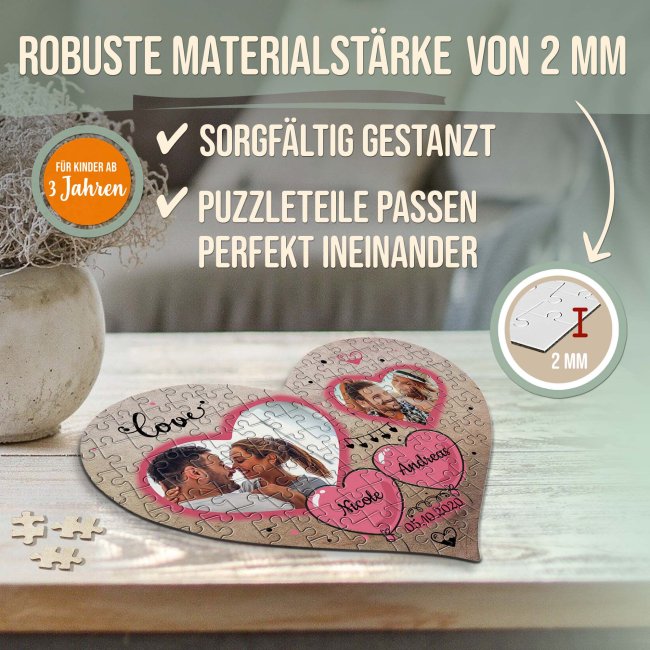 Herz Puzzle mit zwei Fotos, Namen und Datum - Love - 114 Teile in der Metalldose