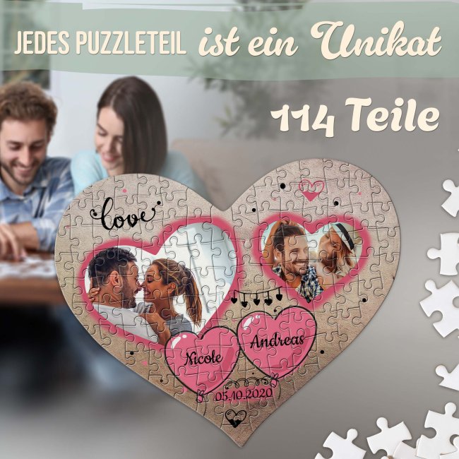 Herz Puzzle mit zwei Fotos, Namen und Datum - Love - 114 Teile in der Metalldose