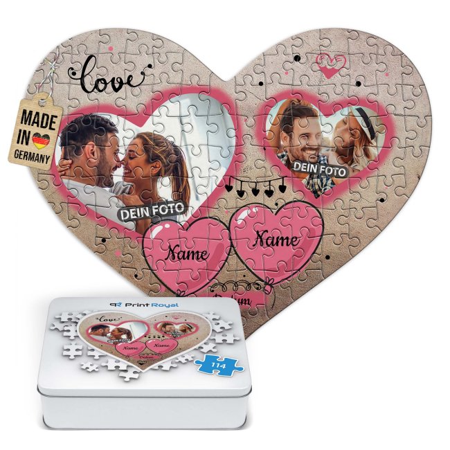Herz Puzzle mit zwei Fotos, Namen und Datum - Love - 114 Teile in der Metalldose