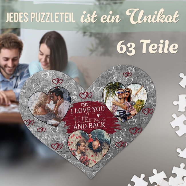 Herz Puzzle mit drei Fotos - I love you - 63 Teile in der Metalldose