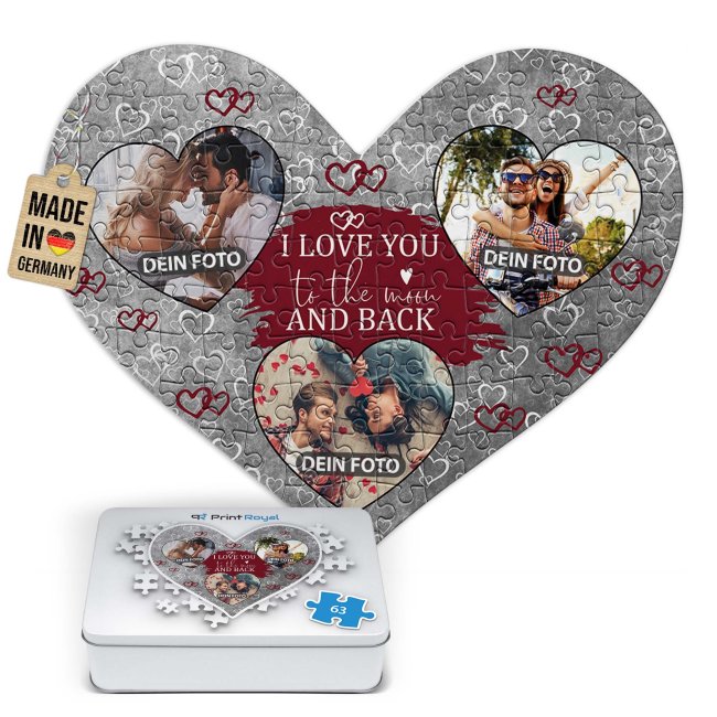 Herz Puzzle mit drei Fotos - I love you - 63 Teile in der Metalldose