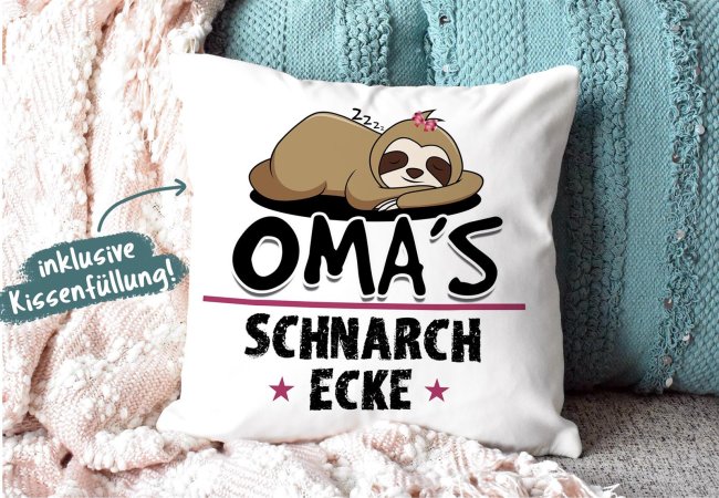 Kissen mit Spruch f&uuml;r Oma - Omas Schnarch-Ecke - Wei&szlig; flauschig
