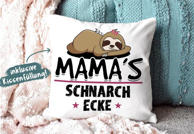 Kissen mit Spruch f&uuml;r Mama - Mamas Schnarch-Ecke - Wei&szlig; flauschig
