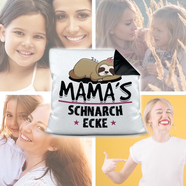 Kissen mit Spruch f&uuml;r Mama - Mamas Schnarch-Ecke - R&uuml;ckseite Schwarz