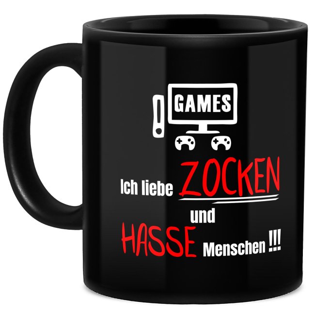 Schwarze Tasse mit Gamer-Spruch - Ich liebe Zocken & hasse Menschen