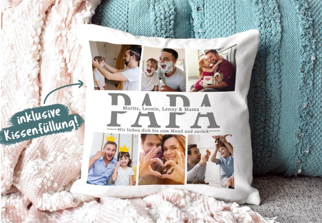 Kissen mit Fotocollage f&uuml;r Papa - Wei&szlig;