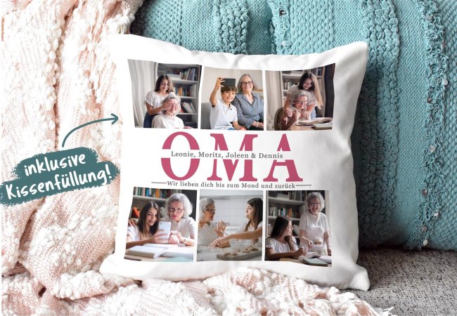Kissen mit Fotocollage f&uuml;r Oma - Wei&szlig;